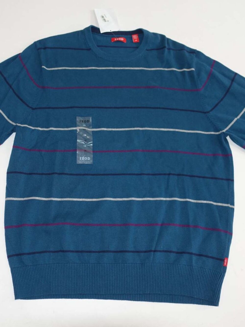 Izod Men's Crewneck Sweater Large NWT Teal Blue 100% Cotton Striped Pullover L